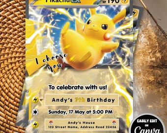 Pokemon Birthday Party Invitation | Pokemon Card Birthday Party Invite | Pikachu Card Invite | Editable Pokemon Digital Invitation Template