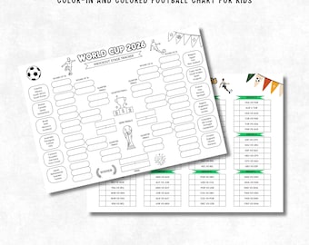 Calendario imprimible para niños del Mundial 2026 / Cuadro del torneo de fútbol / Plantilla editable de Canva / Cuadro de la fase de grupos y eliminatorias