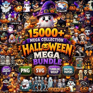 Peut inclure: Une collection graphique numérique présentant un grand panneau central avec le texte 15000+ MEGA COLLECTION HALLOWEEN MEGA BUNDLE, entouré de nombreuses illustrations de fantômes, citrouilles, squelettes, animaux costumés et icônes d'Halloween.