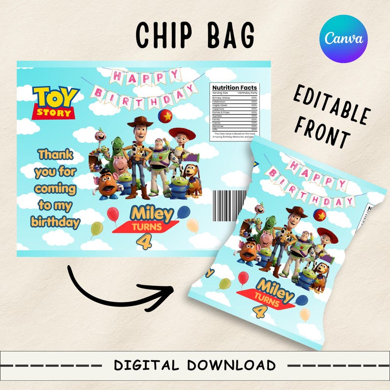 Puede incluir: Una envoltura imprimible para bolsa de papas fritas con tem&aacute;tica de Toy Story que incluye personajes como Woody, Buzz Lightyear y Jessie. El dise&ntilde;o presenta un cielo azul claro con nubes, un cartel de feliz cumplea&ntilde;os y texto para Miley de 4 a&ntilde;os.