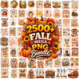 Op de afbeelding: Een digitale collectie van herfst-thema grafische ontwerpen met pompoenen, zonnebloemen, herfstbladeren, geesten en seizoensgebonden tekst. De centrale afbeelding toont de tekst 2500+ FALL MEGA PNG BUNDLE op een houten bord.