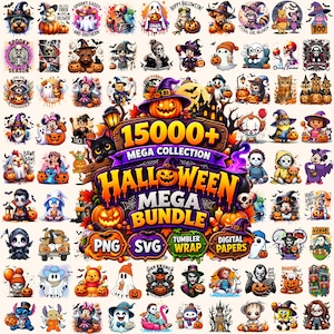 May include: A digital collection of Halloween-themed graphics featuring pumpkins, ghosts, skeletons, and various cartoon characters. The central text reads 15000+ MEGA COLLECTION HALLOWEEN MEGA BUNDLE PNG SVG TUMBLER WRAP DIGITAL PAPERS.