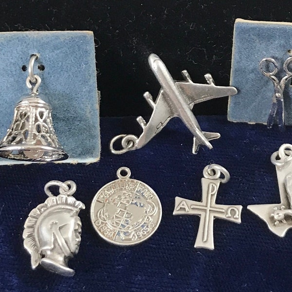 Pendant Charms Variety Vintage Sterling Silver Templar Cross Texas Boot Trojan Scissors Bell Airplane Apple Worlds Fair Coin Water Well 1980