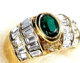 Joseph Esposito Statement Ring 14k Silver Gilt Vermeil Oval Emerald Baguette CZ&#39;s Round Diamond Accents Lab Created Gemstones Vintage 1970&#39;s