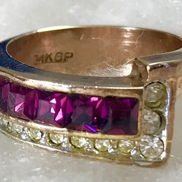 Rhodolite Royal Purple Garnets SI Diamonds 14k Gold Ring Tapered Shank Channel-set for Gemstones Size 6 January's Birthstone Vintage 1960's