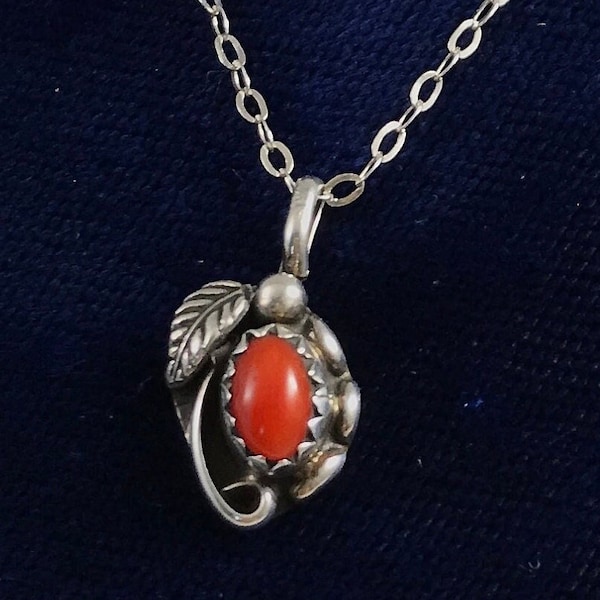 Sharon Cisco Petite Coral Gemstone Pendant/Necklace Cabochon Stone Sterling Silver Feather Setting Rolo Chain 1980's Native American Navajo