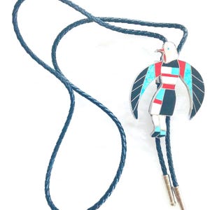 Bolo Tie Navajo Eagle Dancer Sterling Silver Inlayed Turquoise Coral Jet Mother Of Pearl Braided Leather 925 Aglets Slide Vintage 1980&#39;s