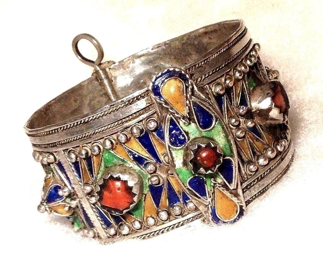 Moroccan Berber Cuff Bracelet Tuareg Silver Gemstones Turquoise
