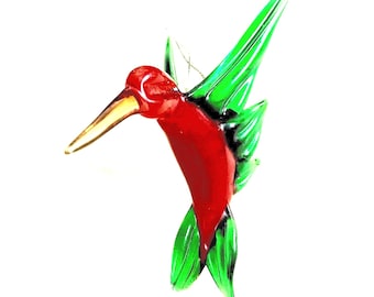 Ornamento a forma di colibrì messicano in vetro soffiato, colore rosso peperone e verde smeraldo, decorazione artigianale in stile sud-occidentale, vintage anni '70.