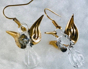 Gilded Swarovski Crystal Hummingbird Earrings 18kt Gold Vermeil Dangle Drop French Hook Vintage 1980's