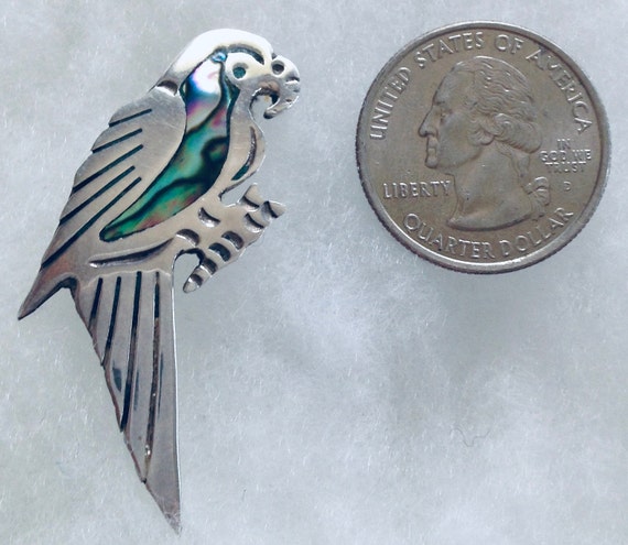 Inlayed Abalone Parrot Pin Carved Oxidized Sterli… - image 10