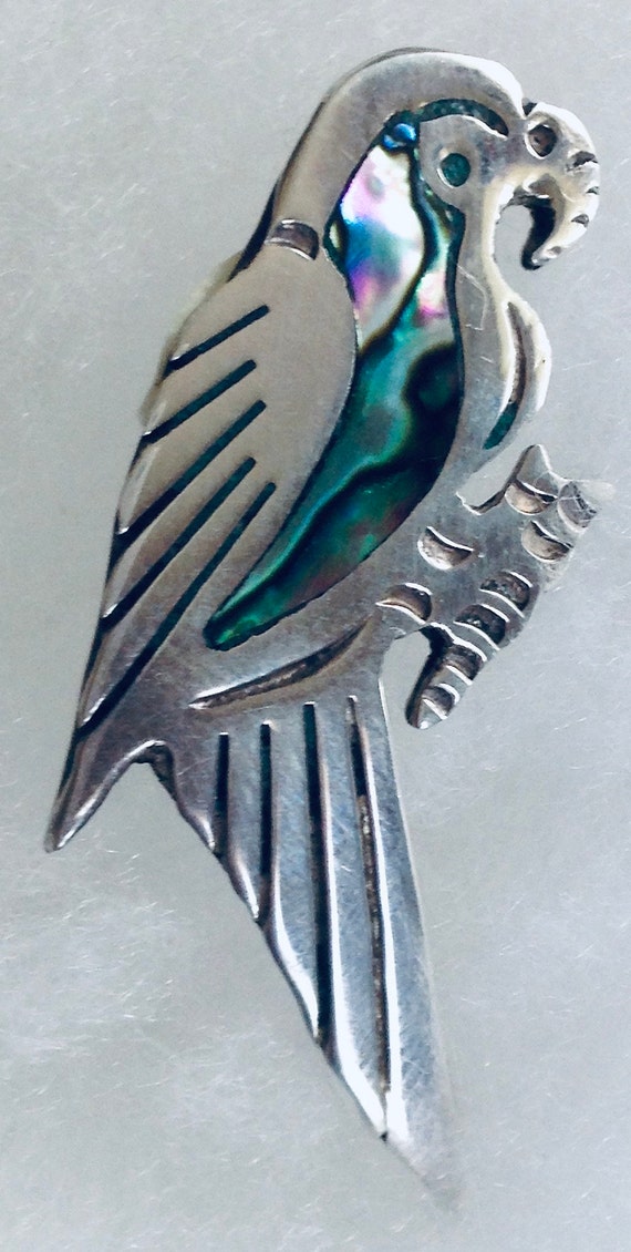 Inlayed Abalone Parrot Pin Carved Oxidized Sterli… - image 6