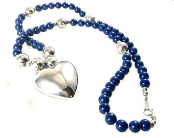 Puffy Heart Sterling Silver Pendant Necklace Beaded Ball Spacers Lapis Lazuli Glass Beads Spring Ring Clasp Artisan Made Vintage 1970 Gifts