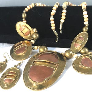Medallion Necklace Earring Set Brass Bronze Copper Balls Beaded Conch Shell French Hook Closure Very BoHO Southwestern Crafted Vintage 1970s