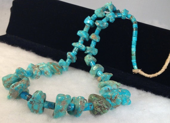 Very Unique Two Heishi Dark Light Vintage Native American Navajo Turquoise Necklace- Authentic Very Unique Two Heishi Dark Light Vintage Native American Navajo Turquoise Necklace- Authentic