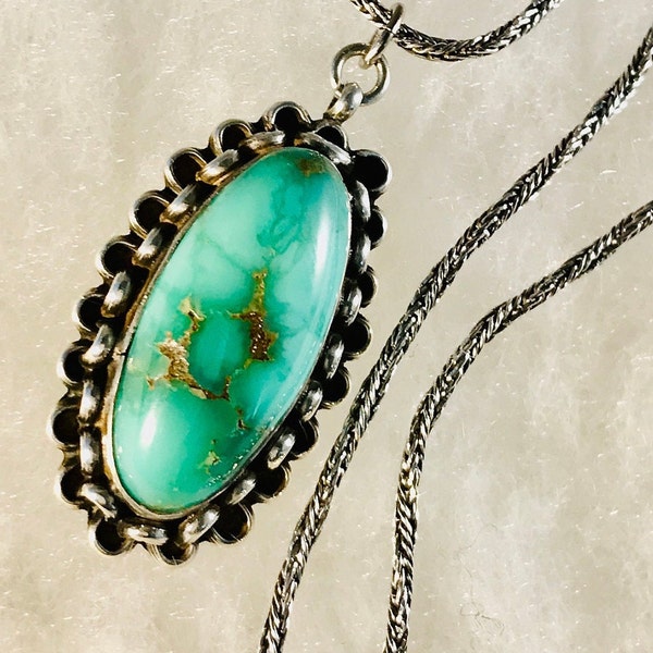 Royston Turquoise Pendant Cabochon Necklace Carved Oxidized Sterling Silver 925 Oxidized Italian Rope Chain Artisan Signed Vintage 1980's