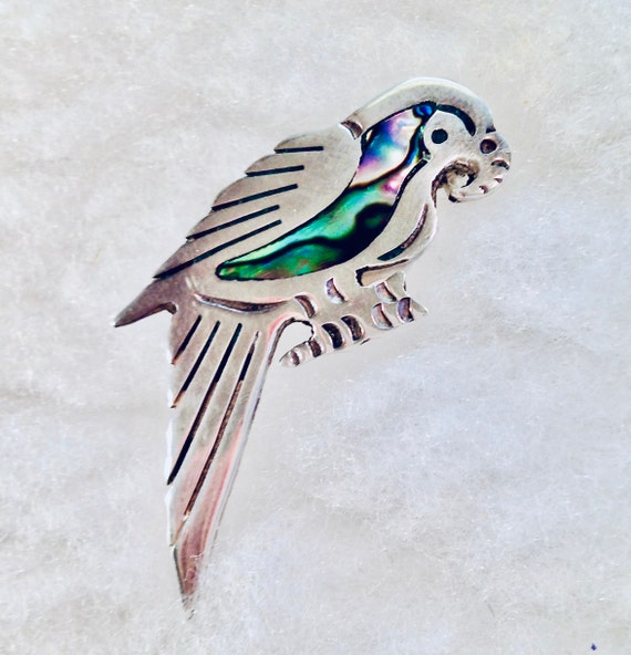 Inlayed Abalone Parrot Pin Carved Oxidized Sterli… - image 1