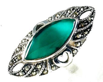 Jade Ring Marquise Cut, Sterling Silver Diamond Cut Filigree, Vintage 1940s, Ring Size 10, Green Jadeite Gemstone, 925 Fine Jewelry, Gift
