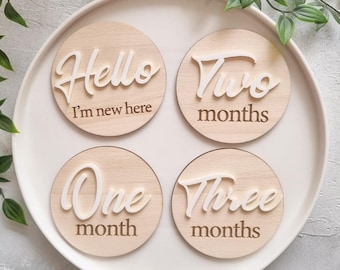 Mijlpaalkaarten voor baby's van 1-12 maanden, maandelijkse houten mijlpaalkaarten, gepersonaliseerde maandborden baby acryl, houten mijlpaalkaarten baby