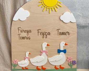 Wanddecoratie met eendthema voor een gezin van drie, gepersonaliseerde houten eend familie muurdecoratie, houten familiecadeau, familie van 3 woondecoratie,
