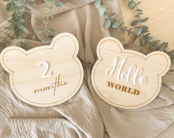 Maandelijkse mijlpaalmarkering teddybeer, verwisselbare maand babybeer mijlpaalkaarten, maandelijkse houten mijlpaalschijven, babyfotoborden