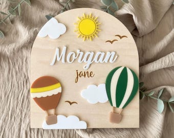 Gepersonaliseerde naambord heteluchtballon, muurdecoratie kinderkamer, 3D houten bord babynaam, boho-decor babykamer