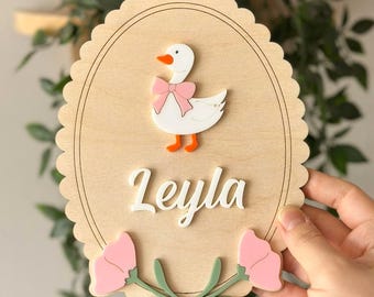Gepersonaliseerde naambordje met eend, op maat gemaakt bordje babykamerdeur, kinderkamerdecor dier, kamerdecoratie babymeisje