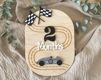 Naambordje raceauto babyjongen, aangepaste 3D naamplaatje raceauto, gepersonaliseerd houten geboortekaartje, decor kinderkamer raceauto