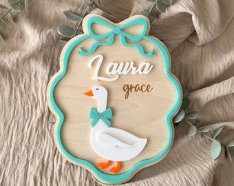 Gepersonaliseerde geboortekaartje baby gans, aangepast naambord eend, houten acrylplaat, geboortekaartje baby boerderij kwekerij aandenken