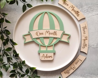 Gepersonaliseerde heteluchtballon babymijlpaalmarkeringen, maandelijkse mijlpaalset, babymaandborden, maandelijks mijlpaalbord baby
