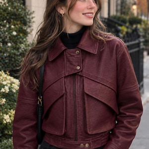 Women's Burgundy Cropped Leather Jacket, Vintage Red Bomber Style Coat, Statement Flap Pockets, Tailored Short Biker Outerwear