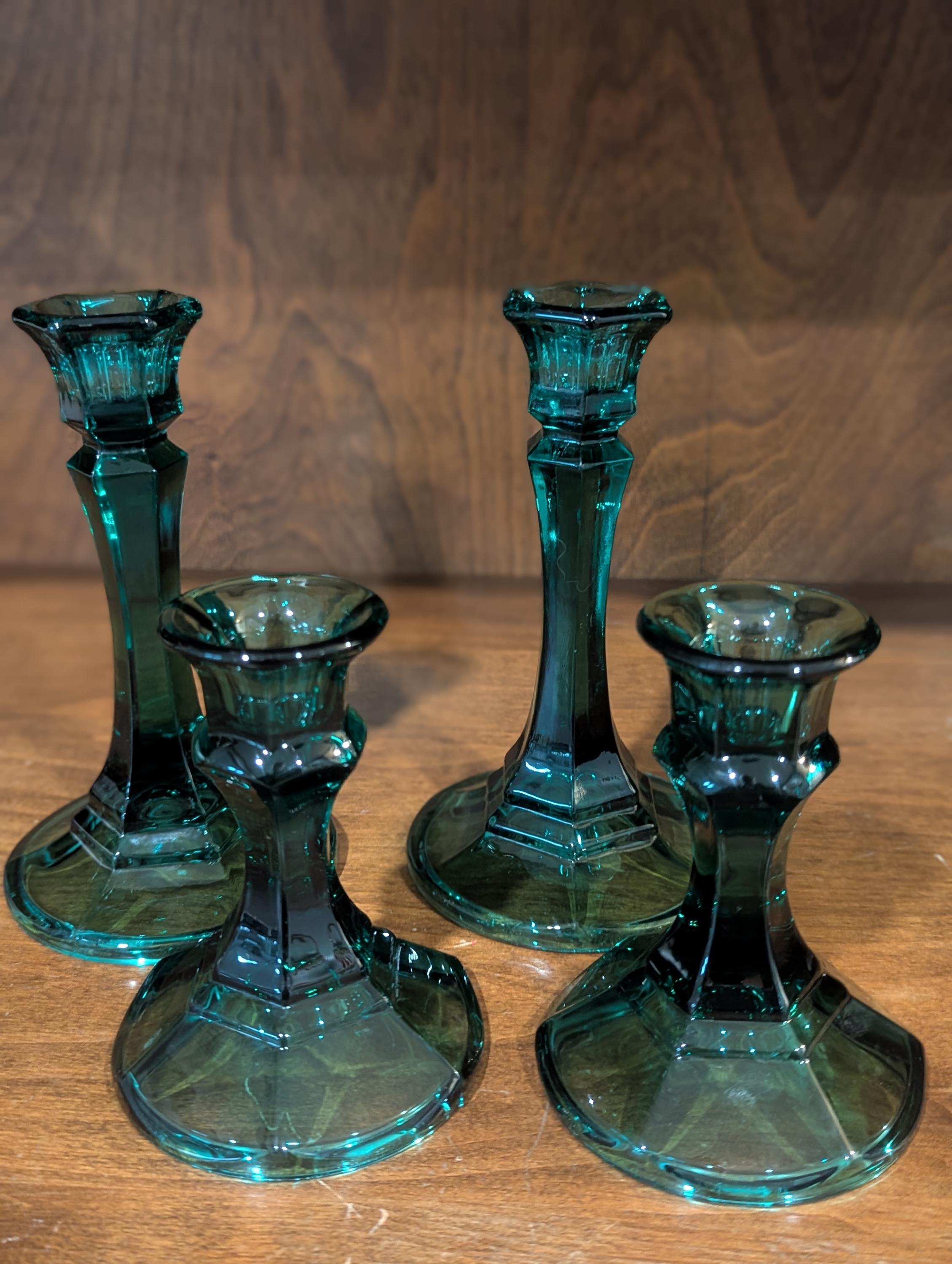 Vintage Green Glass Candlesticks - Etsy