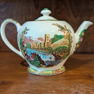 Vintage Sadler Teapot | Abbey Falls Pattern, Staffordshire England Transferware, Cottagecore Ceramic Tea