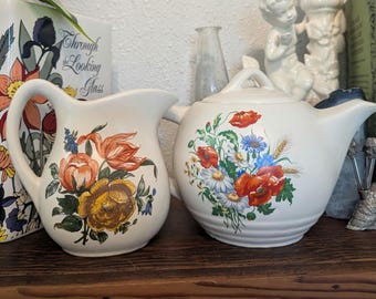 Vintage McCoy Pottery Teapot Pitcher Set, 140 Poppies Daisies Floral, Mid-Century Kitchenware
