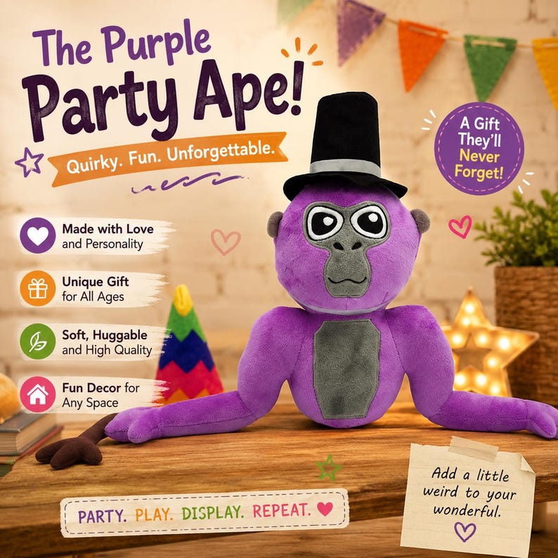 May include: A purple plush ape toy wearing a black top hat with a grey band. The ape has a grey face and chest patch. Text on the image includes The Purple Party Ape, Quirky. Fun. Unforgettable., A Gift They'll Never Forget!, and PARTY. PLAY. DISPLAY. REPEAT.