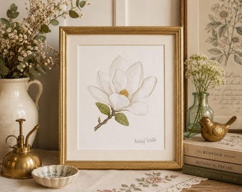 Stampa ad acquerello di magnolia / "Magnolia d'acciaio" Quadro botanico da parete / Decorazione floreale in stile cottagecore