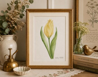 Stampa ad acquerello di tulipani gialli / Quadro botanico da parete "Tulipano Bergamo" / Decorazione floreale vintage