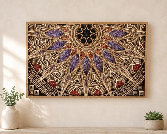 Sacred Geometry Wall Art, Natural Gemstone Decor, Crystal Wall Hanging, Layered MDF Wall Art, Spiritual Home Decor, Meditation Room Art