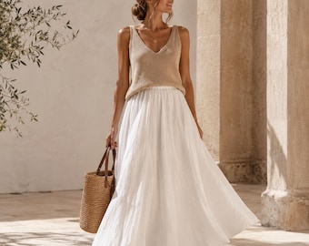 Gonna lunga in lino da donna – Gonna maxi plissettata stile boho, vita elasticizzata, gonna estiva in cotone e lino, gonna da spiaggia, stile vintage, regalo per lei