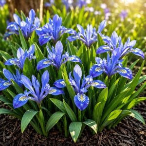 May include: A cluster of vibrant blue iris flowers with pointed green leaves. Each flower features delicate petals with white and yellow markings at the center. The plants are growing in dark brown mulch under bright, natural sunlight.