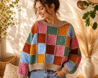 Patchwork Sweater Crochet Pattern PDF | Granny Square Sweater Pattern | Oversized Boho Crochet Pullover | Crochet Sweater | Cardigan Style