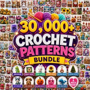 Könnte beinhalten: Eine digitale Sammlung von über 30.000 Häkelanleitungen mit einer zentralen Grafik aus bunten Wollknäueln und einer goldenen Häkelnadel. Das Bild zeigt eine Collage verschiedener gehäkelter Objekte wie Tiere, Blumen und Weihnachtsdekoration.