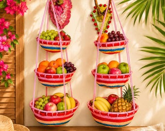 Crochet Kitchen Hanging Wall Basket Pattern PDF | 3-Tier Boho Wall Organizer | Hanging Storage Basket Crochet Tutorial | Kitchen Decor