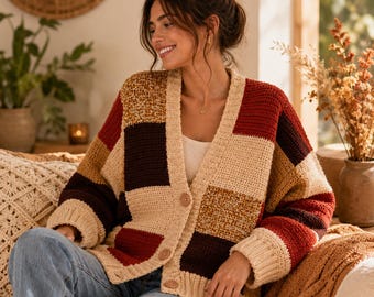 Patchwork Crochet Cardigan Pattern PDF – Chunky Oversized Boho Crochet Sweater – Granny Square Inspired Cardigan Pattern – Easy Beginner DIY