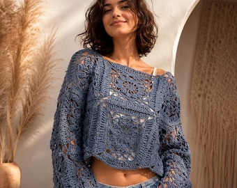 Cornflower Sweater Crochet Pattern PDF – Granny Square Lace Sweater – Boho Crochet Pullover Pattern – Women’s Crochet Top