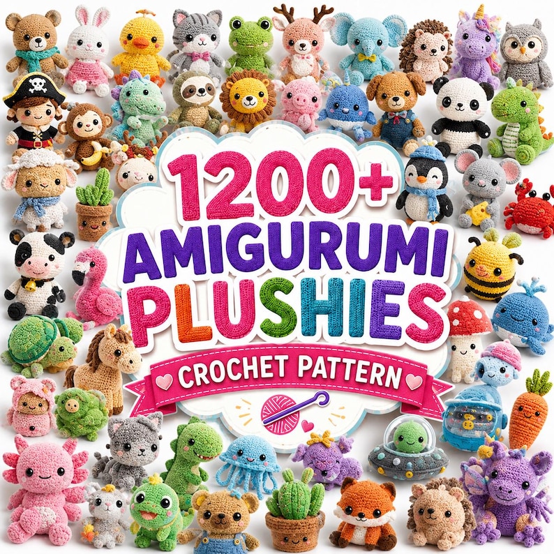 May include: A collection of colorful amigurumi plushies, including animals, creatures, and plants. The image features a variety of crocheted toys with the text "1200+ AMIGURUMI PLUSHIES CROCHET PATTERN".