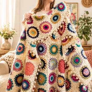 Island Time Blanket Crochet Pattern PDF, Sunburst Granny Square Throw, Boho Crochet Blanket Pattern, Tropical Afghan, Pom Pom Blanket