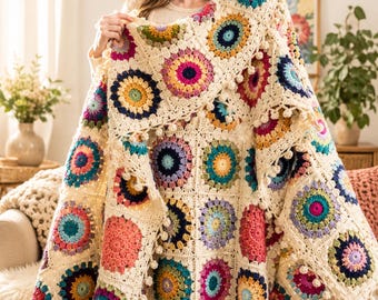 Island Time Blanket Crochet Pattern PDF, Sunburst Granny Square Throw, Boho Crochet Blanket Pattern, Tropical Afghan, Pom Pom Blanket