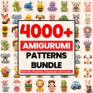 Może przedstawiać: Kolekcja kolorowych, szydełkowych amigurumi zwierząt i postaci, w tym królik, dinozaur, wieloryb, pszczoła, ośmiornica, żaba, niedźwiedź, lis, słoń, kurczak, pies, meduza, żółw, kot, słonecznik, dziewczyna, smok, koala, jednorożec, kwiaty, żyrafa, gwiazda, tęcza, lew, lalka, kaktus, samochód i więcej. Obraz zawiera tekst "4000+ AMIGURUMI PATTERNS BUNDLE".