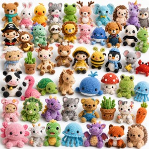 May include: A collection of colorful, handmade crochet amigurumi toys, including animals like bears, bunnies, and pandas, and other creatures. Each toy has unique details and expressions, showcasing a variety of colors and designs. The toys are arranged closely together.